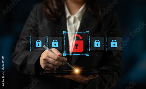 Digital security concept illustrating a cybersecurity breach, with a red unlocked padlock indicating data exposure among secure systems, emphasizing system vulnerability and risk Latch