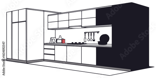 Minimalist line art modern kitchen design featuring essential appliances and utensils for a clean aesthetic