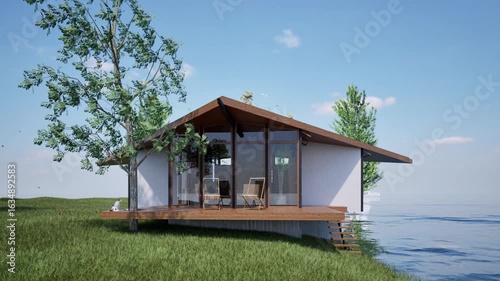 Wallpaper Mural Modern tiny cabin house by the lake with glass facade in nature, 3D architectural render

 Torontodigital.ca