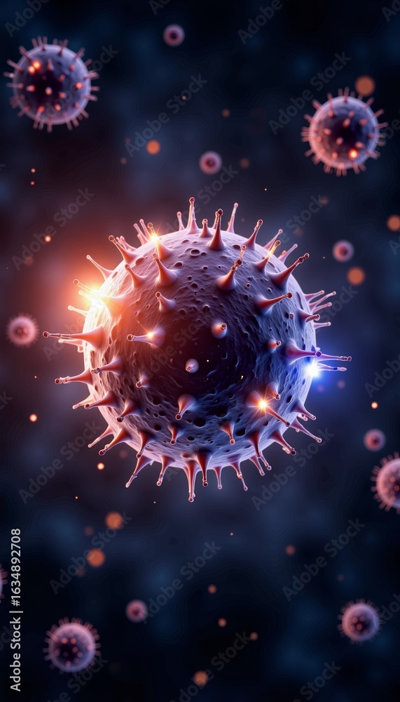 Obraz premium An Intricate Visualization of a Virus Particle Displaying Molecular Structures and Spikes Under a Microscopic Perspective with Dynamic Light Effects
