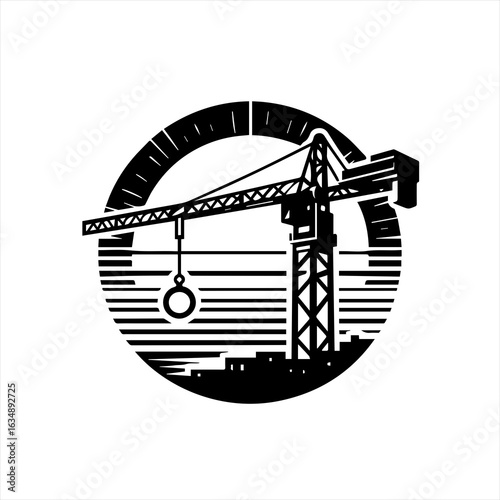Construction Crane Silhouette Circular Emblem.