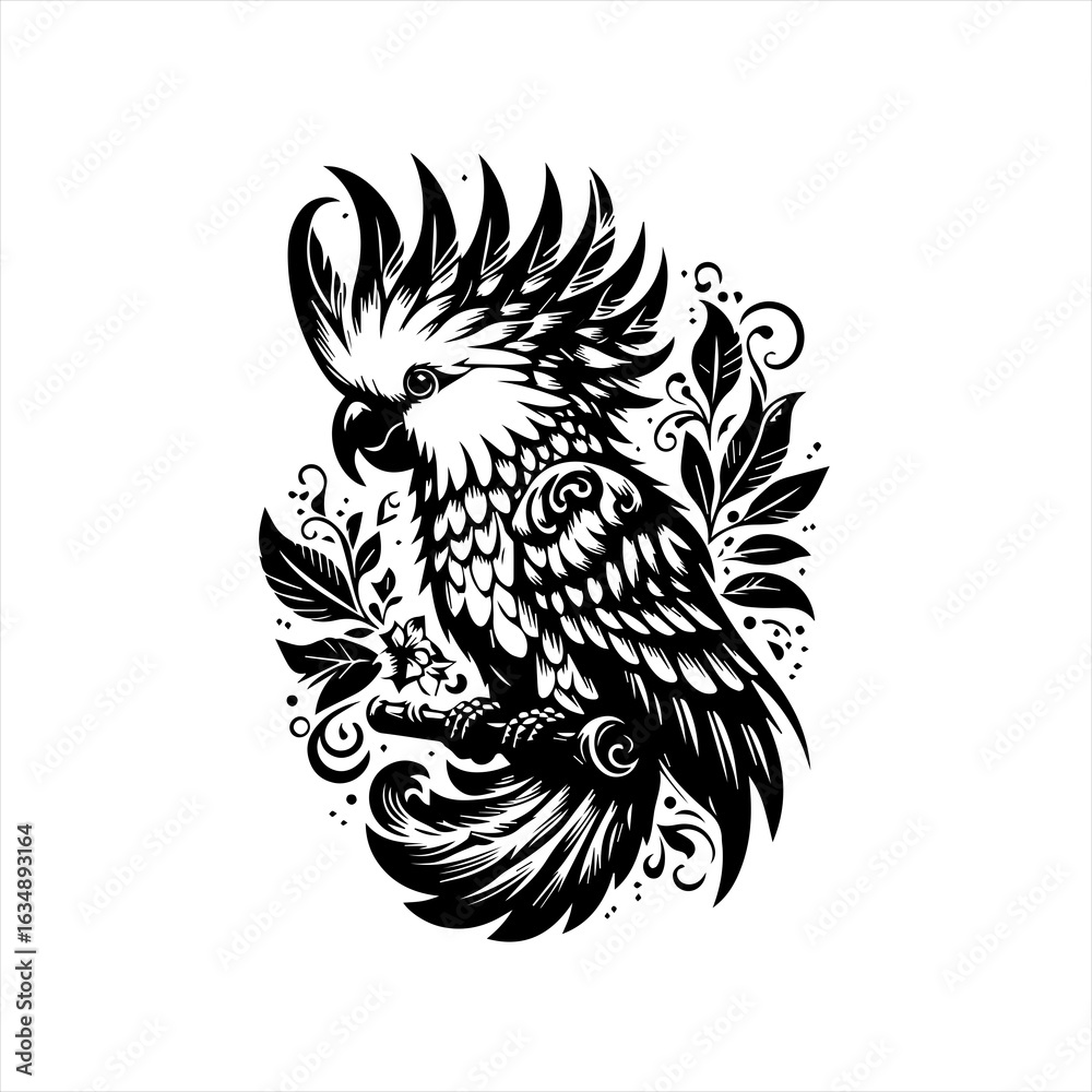 Obraz premium Elegant Black and White Cockatoo Illustration.