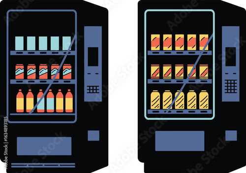 Two Vending Machines Vector Illustration with Different Drink and Snack Selections. Automated Dispenser Icons for Retail Business and Commercial Self-Service Concepts.
