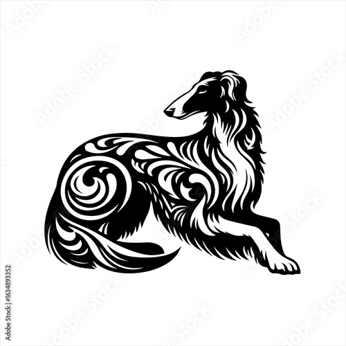 Elegant Borzoi Dog with Ornate Tribal Design.
