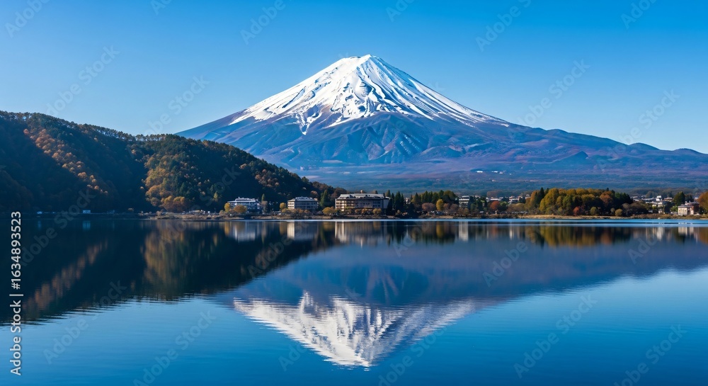 Mount Fuji with snow peak and lake view in Japan Mount Fuji with snow peak and lake view in Japan