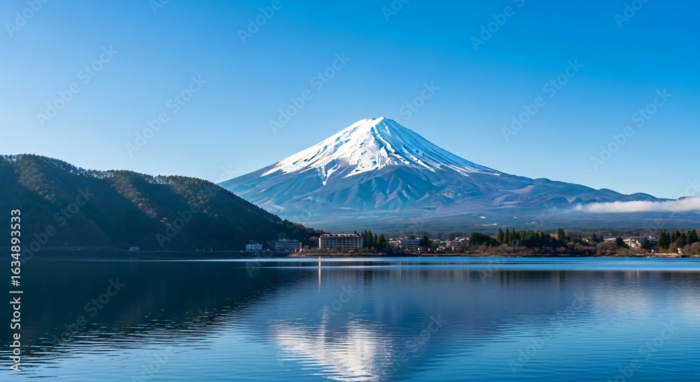 Mount Fuji with snow peak and lake view in Japan Mount Fuji with snow peak and lake view in Japan