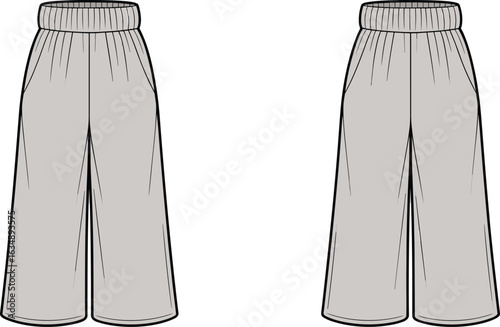Elastic waist wide leg pants flat sketch, fashion technical drawing, front and back view, casual comfortable trousers design template