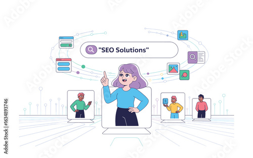 Illustration of SEO Solutions: Search Bar with SEO, Woman Explaining, and People in the Monitors, Modern Digital Marketing Strategies Concept