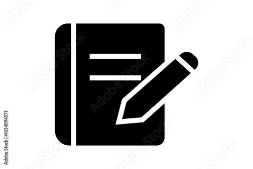 The notebook is a solid black shape with a thick spine on the left and a page with two horizontal white lines, suggesting a place for notes or text.
