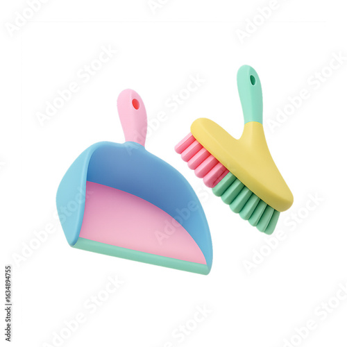Cute colorful dustpan and brush set isolated on transparent background