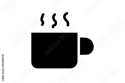 The image features a simple, black-and-white icon of a hot beverage mug. The mug is a solid black shape with a square-like body and rounded corners, and a handle on the right side