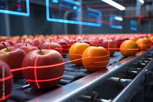 Automated Fruit Sorting: Apples and Oranges Scanned on Conveyor Belt in Modern Facility