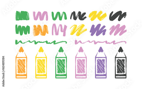 Colorful Crayon Strokes and Outlines: Hand-Drawn Crayons in Vibrant Colors for Creative Projects, Back to School Designs and Artistic Illustrations