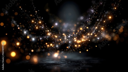 Golden and silver dots of light swirl gently, creating an ethereal atmosphere in a darkened environment