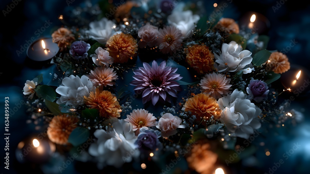 Obraz premium Vibrant flower arrangement illuminated by soft candlelight creating a serene atmosphere in a dark setting