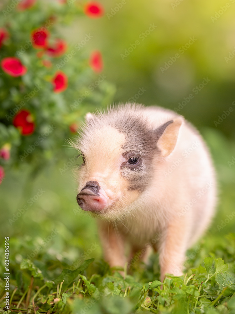 Fototapeta premium Small gray piglet minipig in the garden next to flowers.