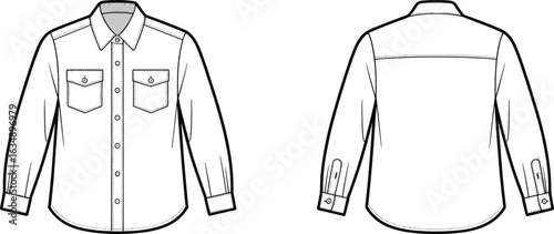 Flat sketch of men’s shirt with long sleeves, flap chest pockets, button-down front, back yoke detail, casual style, front and back views