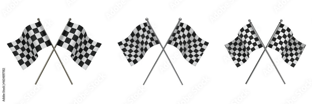 Fototapeta premium Three pairs of crossed checkered flags waving to signal the end of a car race or other competitive event isolated on transparent background