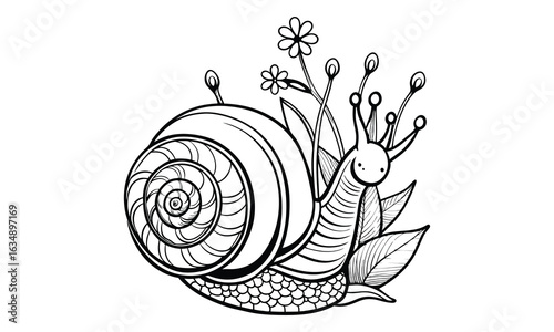 Snail t shirt design silhouette and vector line art, Detailed Line Art for Relaxation and Stress Relief, Ideal for Adult Coloring Books or Printable Art Therapy Projects