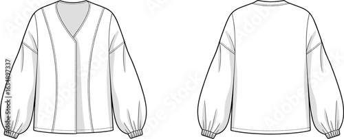 Flat sketch of women’s balloon sleeve jacket with V-neck collar and elastic cuffs, front and back fashion illustration