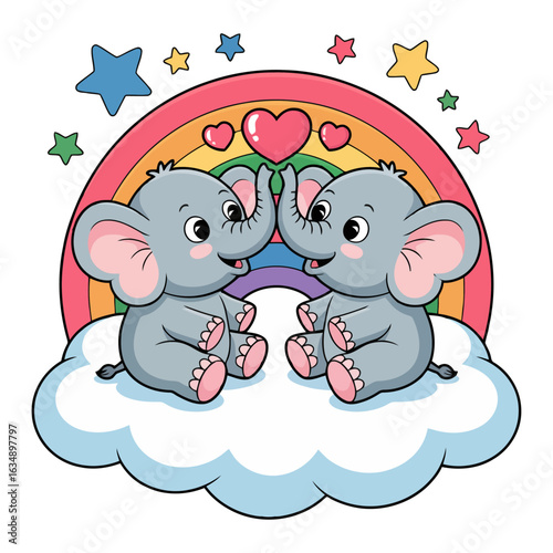 cute baby elephants on cloud with rainbow, heart-shaped trunks and stars, cartoon illustration for kids and nursery decor
