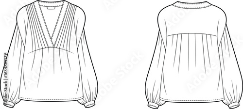 Flat sketch of women’s blouse with V-neckline, pleated front and back yoke, bishop sleeves with cuffs, front and back views