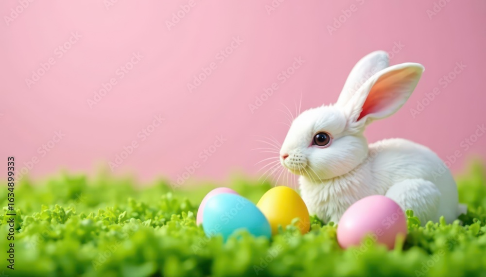 Fototapeta premium Pastel bunny, colorful eggs nestled in vibrant green grass, painted eggs, happy