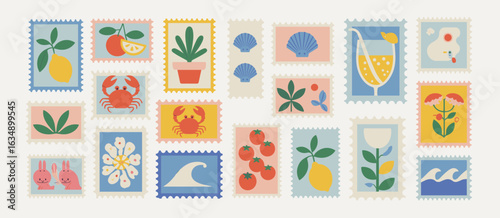 Collection of 18 Vintage Style Postage Stamps with Summer Motifs retro