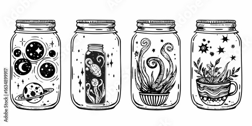 Whimsical jars containing cosmic and botanical scenes