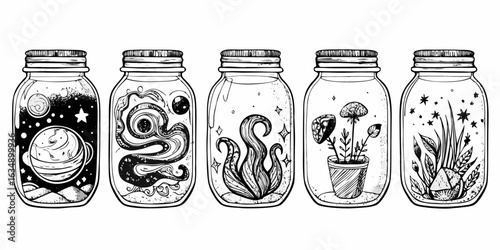 Whimsical jars containing celestial creatures plants and cosmic elements