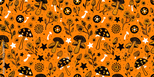 Whimsical halloween mushroom and star pattern on orange background