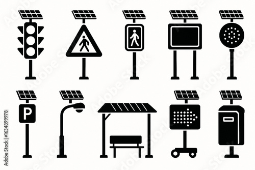Solar-Powered Traffic Light and Public Infrastructure Icons, Vector Silhouettes
