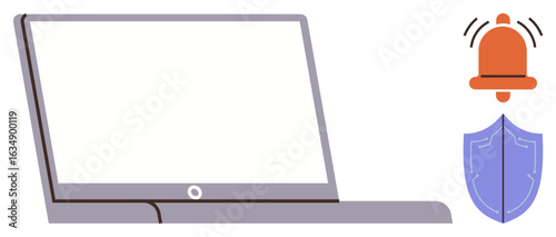 Laptop screen paired with alert bell and shield symbolizing cybersecurity, notifications, data protection. Ideal for technology, safety, communication, internet security, alert systems, IT support