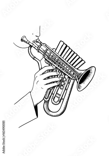 Engaging line art illustration of a musician playing the trumpet with passion and skill for music projects