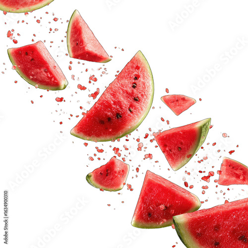 Watermelon slices falling, dark background, summer refreshment, food advertising