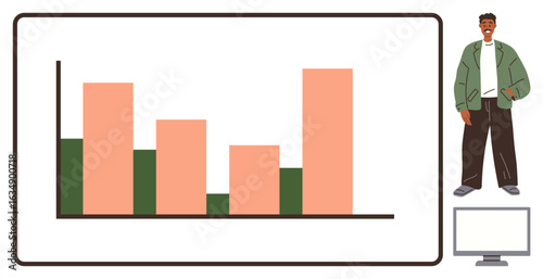 Bar graph on board showing comparative data, person in casual workwear standing nearby, computer screen in frame. Ideal for business analysis, data presentation, teamwork, education, office culture