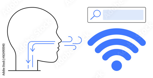 Human breathing pathway illustration with airway arrows, wireless network symbol, and search bar. Ideal for health, technology, communication, education, medical research, innovation and a simple