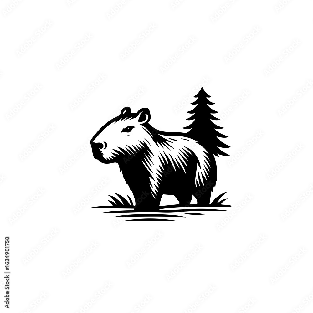 Obraz premium Stylized Capybara Standing Next to a Pine Tree.