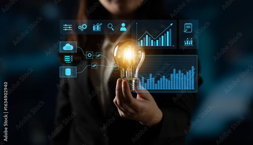 Obraz premium Data flow from database and cloud to processing and analytics dashboards, representing data analysis, automation, insight generation, and digital intelligence Latch