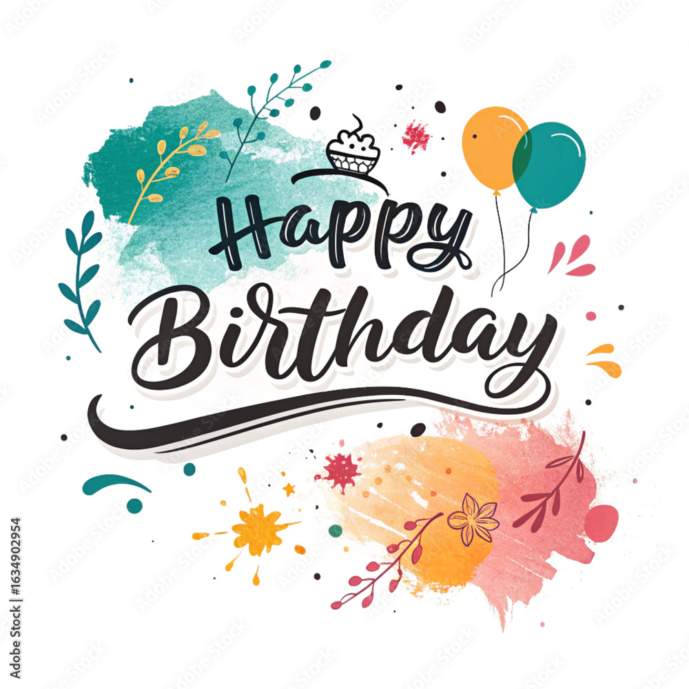 Obraz premium Happy birthday text with colorful splashes isolated on transparent background