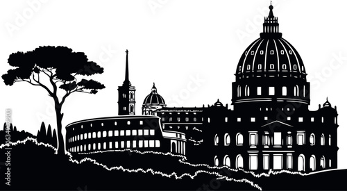 Black silhouette of rome city skyline with dome isolated on white background.eps