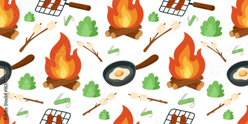 
Camping seamless pattern with campfire, grilled sausages, fried egg, marshmallows, knife, and forest elements — playful background for outdoor adventure projects, travel-themed designs.