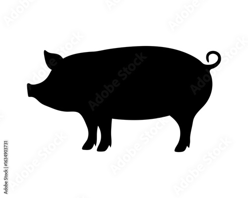 Black silhouette of a pig standing on a white background image