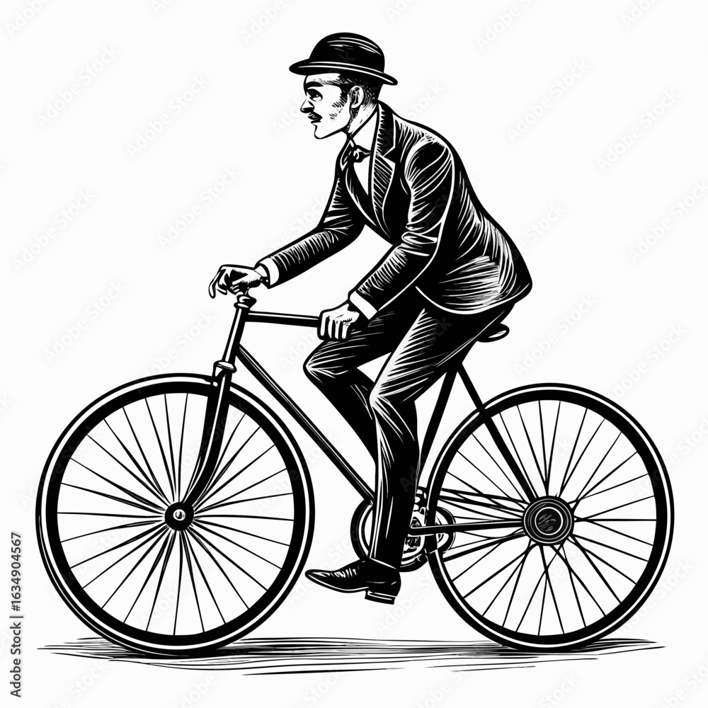 Naklejka premium Vintage gentleman riding a bicycle in a suit and bowler hat