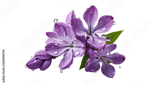 Single lilac with dew isolated on white background