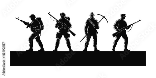 Silhouette of Soldiers in Military Action,Military silhouettes showcasing soldiers in different poses,four black silhouette soldiers running with rifles,Army Soldiers with Rifles Silhouette Vector,Ai