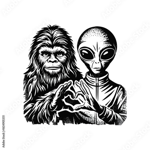 Bigfoot and an alien making a heart shape with their hands. Black and white vector illustration of mythical creatures showing love and friendship.