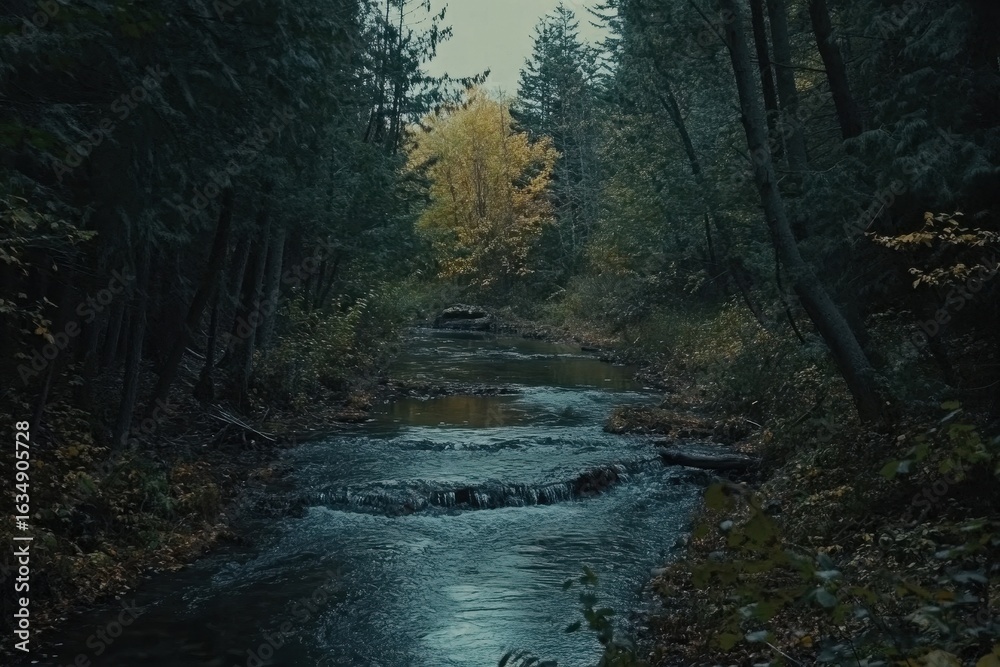 Obraz premium Timelapse captures serene wild stream flowing through a lush forest under a cloudy sky, timelapse of a wild stream in a forest