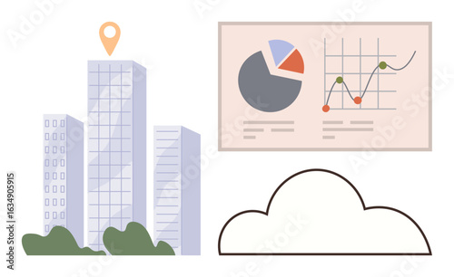Skyscrapers with location marker, cloud, and analytics chart blending cityscape and technology themes. Ideal for business, urban planning, data analysis, tech solutions, cloud computing, growth