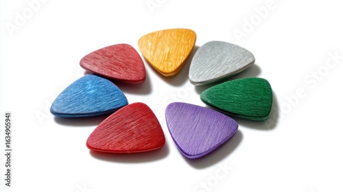 Colorful set of guitar picks isolated on white background, top view for music gear shop catalog 